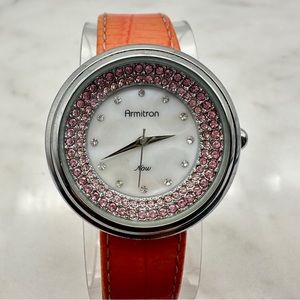 Mother of Pearl Dial Armitron Women’s Watch, Orange Band, Pink Jewels